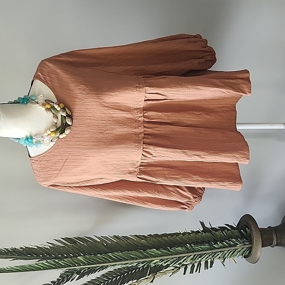 Cato peachy brown textured swing blouse with longer sleeves and button b… - Picture 1 of 14